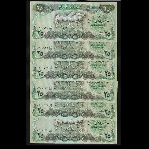 UNC 1982 Iraq 25 Dinar - Set of 6 Serial Notes (30-36)