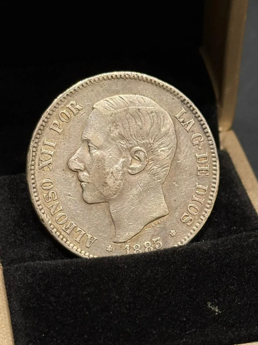 Rare 1885 Spanish 5 Pesetas Fine Silver King Alfonso XII
