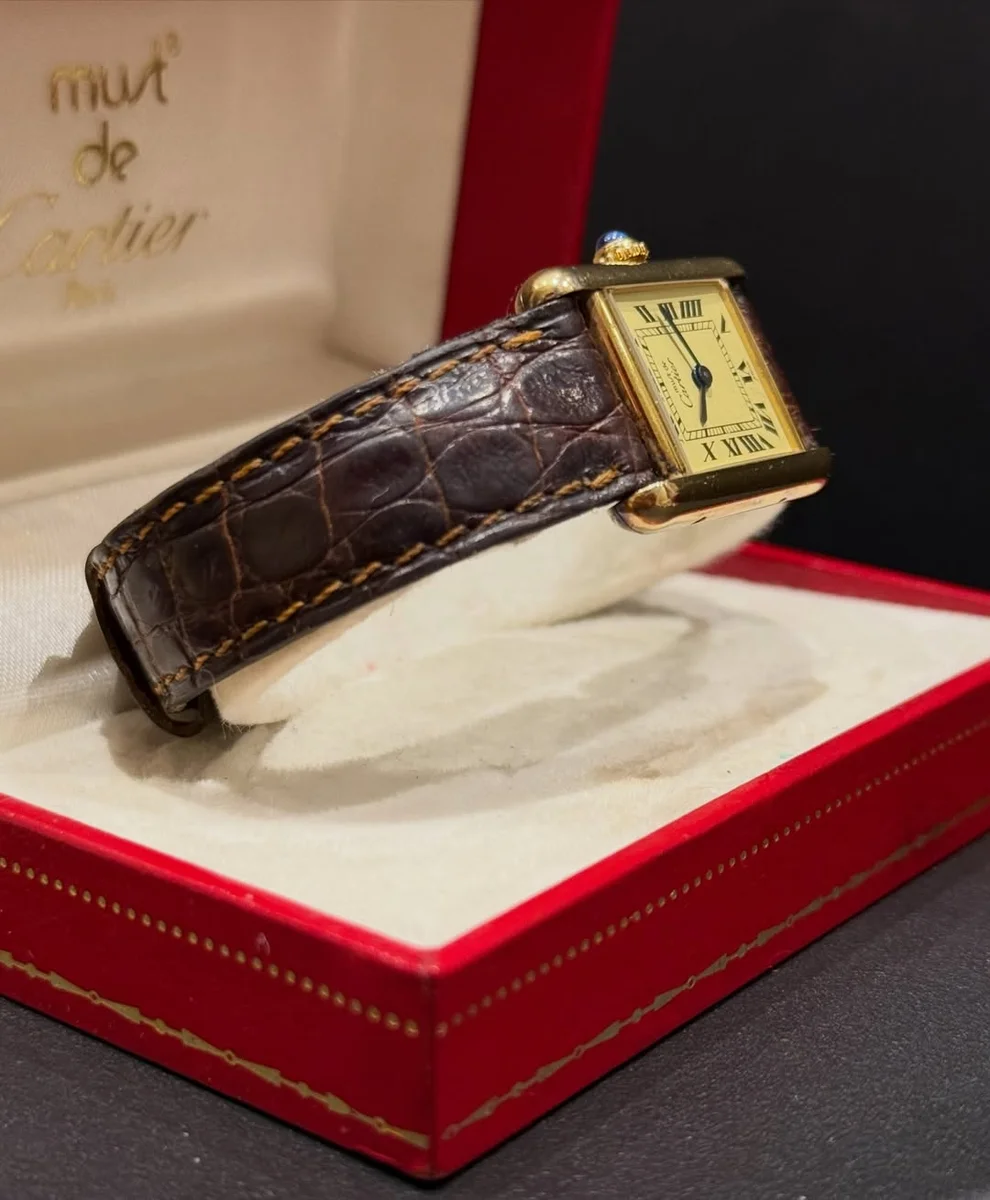 Rare Cartier Tank Ivory Large 1980 925 Silver GP Leather - Image 6